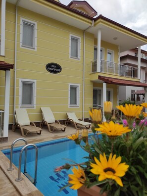 Outdoor pool, pool umbrellas, pool loungers