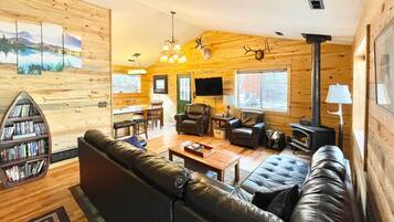 TV, fireplace, DVD player, books