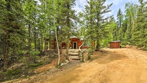 A cabin surrounded by dense forest with a dirt path leading to it. - 'Bobcat Trail Cabin' on 3 Acres in Como! (Como)
