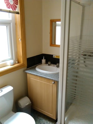Shower, free toiletries, hair dryer, towels