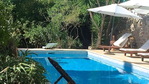 Une piscine entourée d’une végétation luxuriante, avec des chaises longues et des parasols.