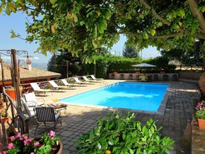Une piscine entourée de chaises longues, de plantes en pot et d’un mur de pierre.