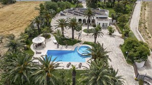 A large, modern house with a swimming pool surrounded by palm trees and a well-maintained lawn. - Stunning private villa with hot tub, A/C, private pool, WIFI, TV, patio and pets allowed (Nardò)