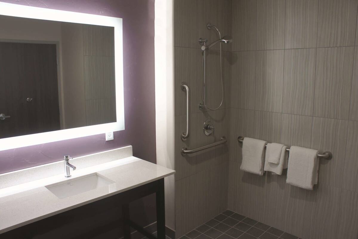 Un baño con lavamanos, espejo, ducha y barras de apoyo.