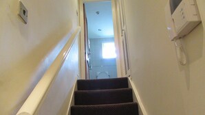 Eine Treppe mit Teppichstufen, die zu einer Tür führt.