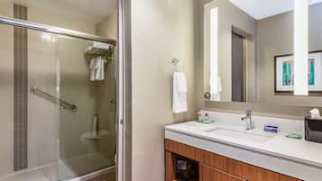 Un baño moderno con ducha separada por mampara de vidrio, lavabo blanco y un espejo grande.