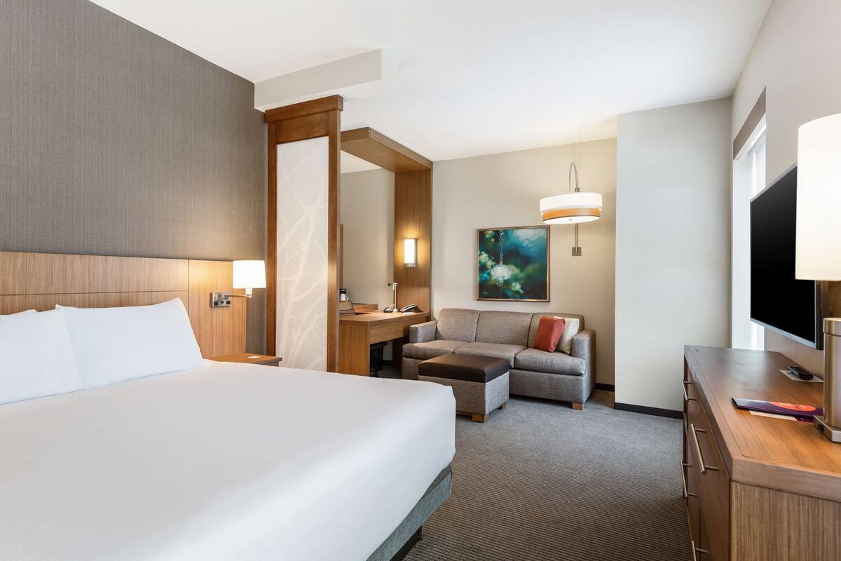 A hotel room with a large bed, a desk, a sofa, and a TV.