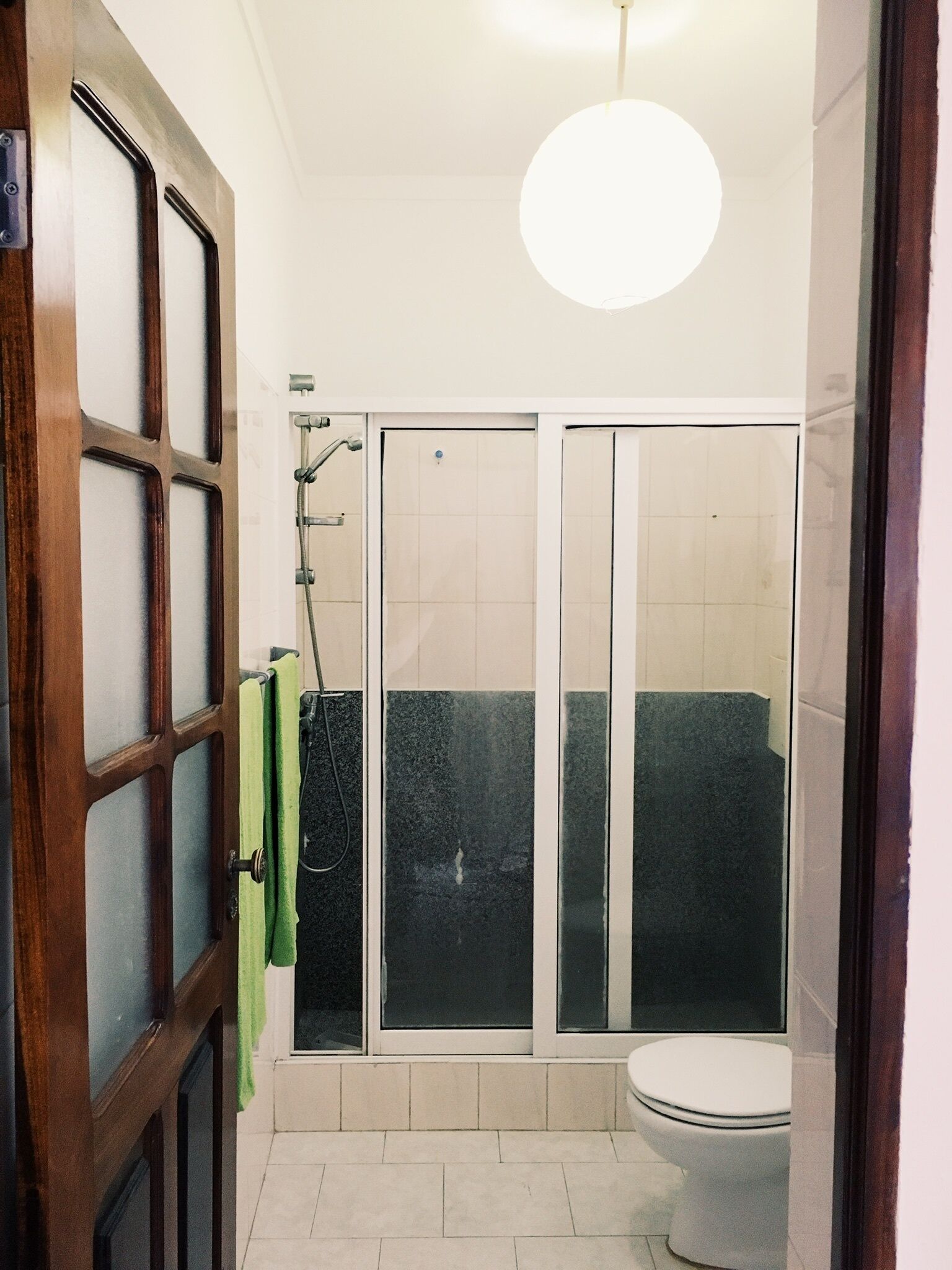 Une salle de bain avec une porte en bois, une douche dotée de parois en verre dépoli, des toilettes et un luminaire suspendu.