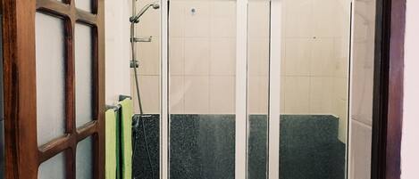 A bathroom with a wooden door, a shower with frosted glass doors, a toilet, and a hanging light fixture.