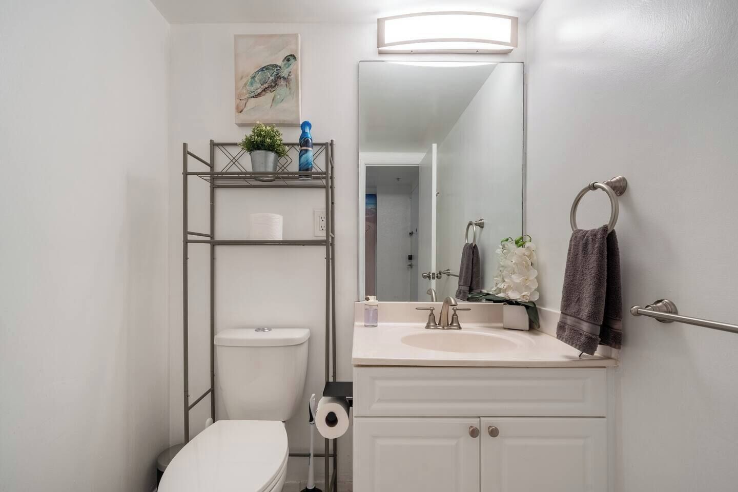 A compact bathroom with a toilet, a sink, and a mirror. There is a shelf with a plant and a roll of toilet paper.