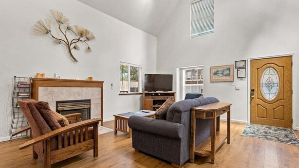 A living room with a fireplace, a television, and a sofa.