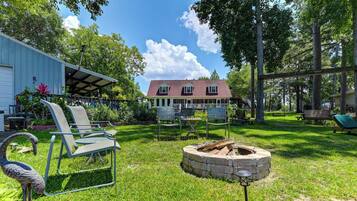A backyard with a covered patio, outdoor seating, a fire pit, and a house in the background.
