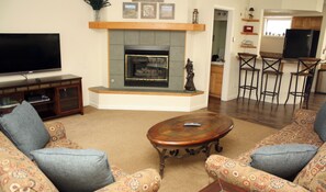 TV, fireplace, DVD player, books