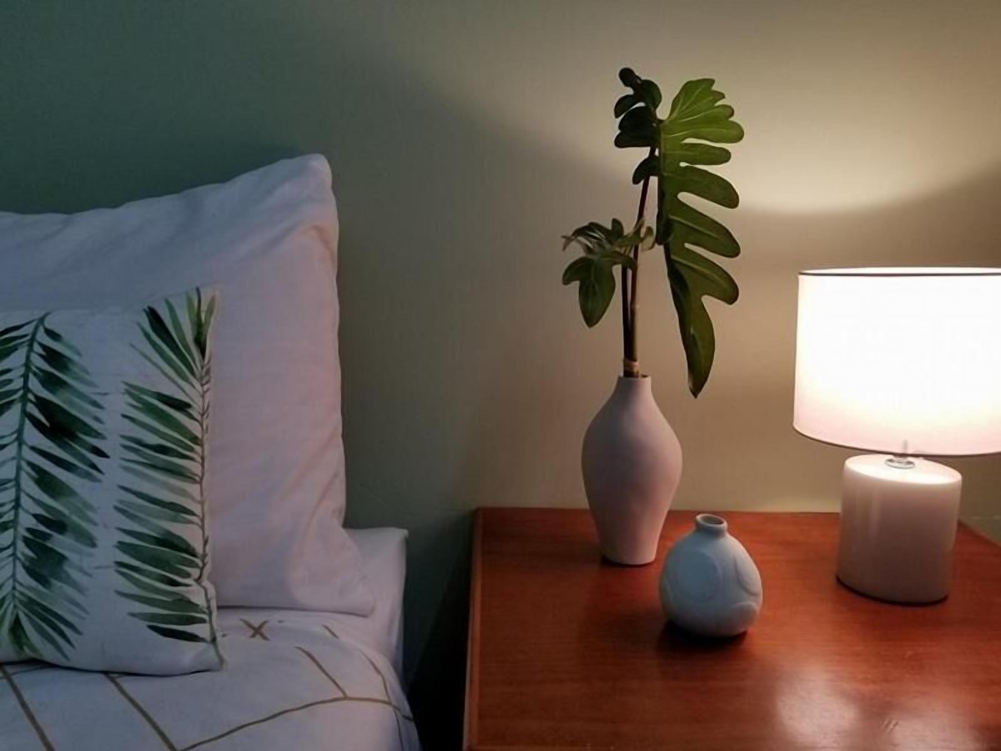 A bedroom with a bed, a nightstand with a lamp, a small vase, and a potted plant.