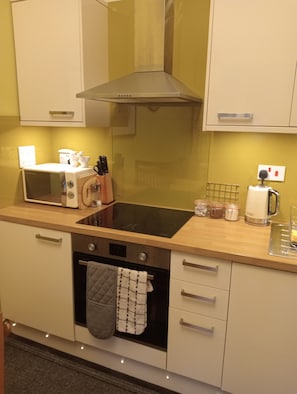 Frigorífico, microondas, horno y placa de cocina