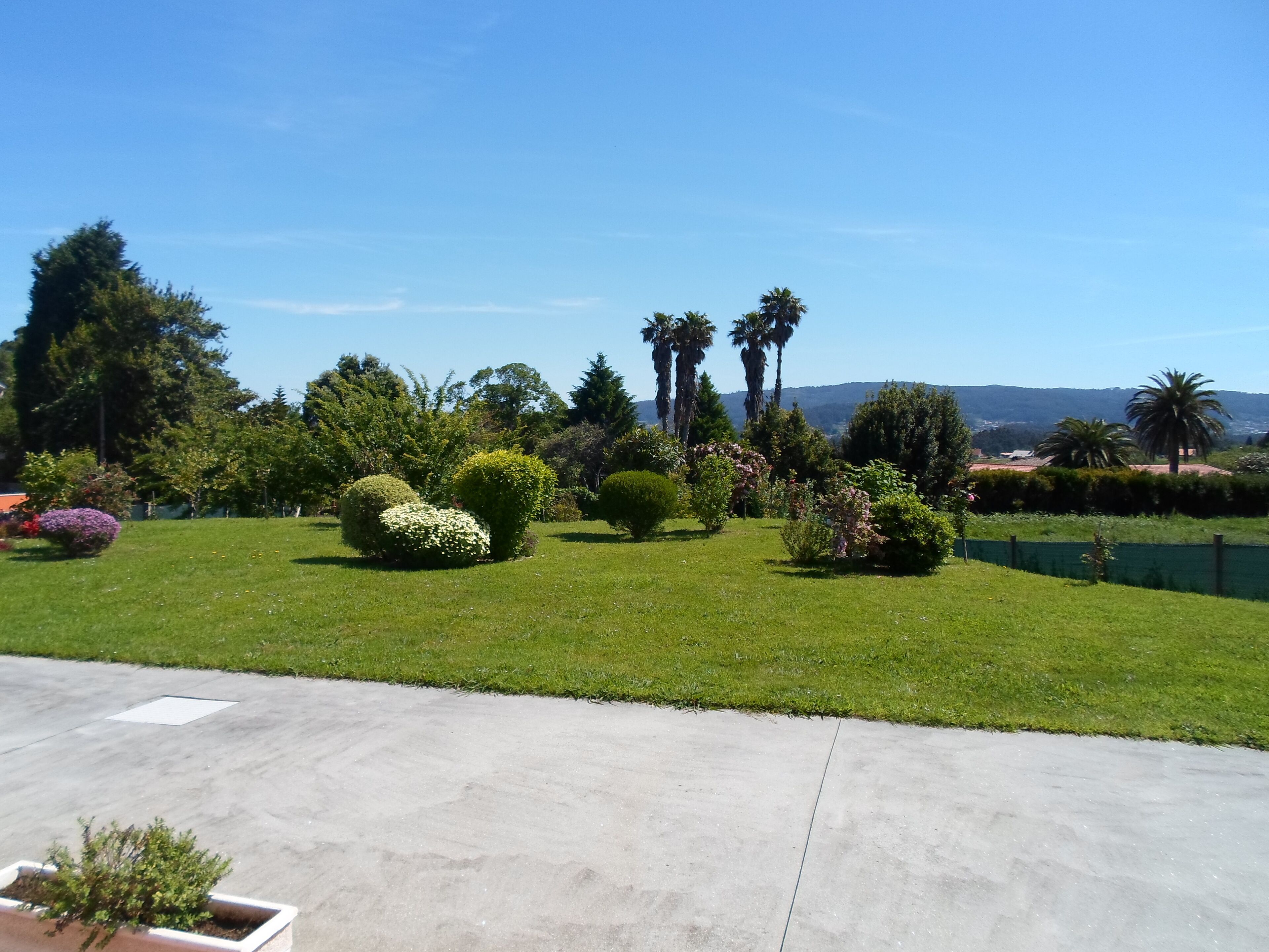 A well-maintained garden with various shrubs and trees, a clear sky, and a distant view of hills.