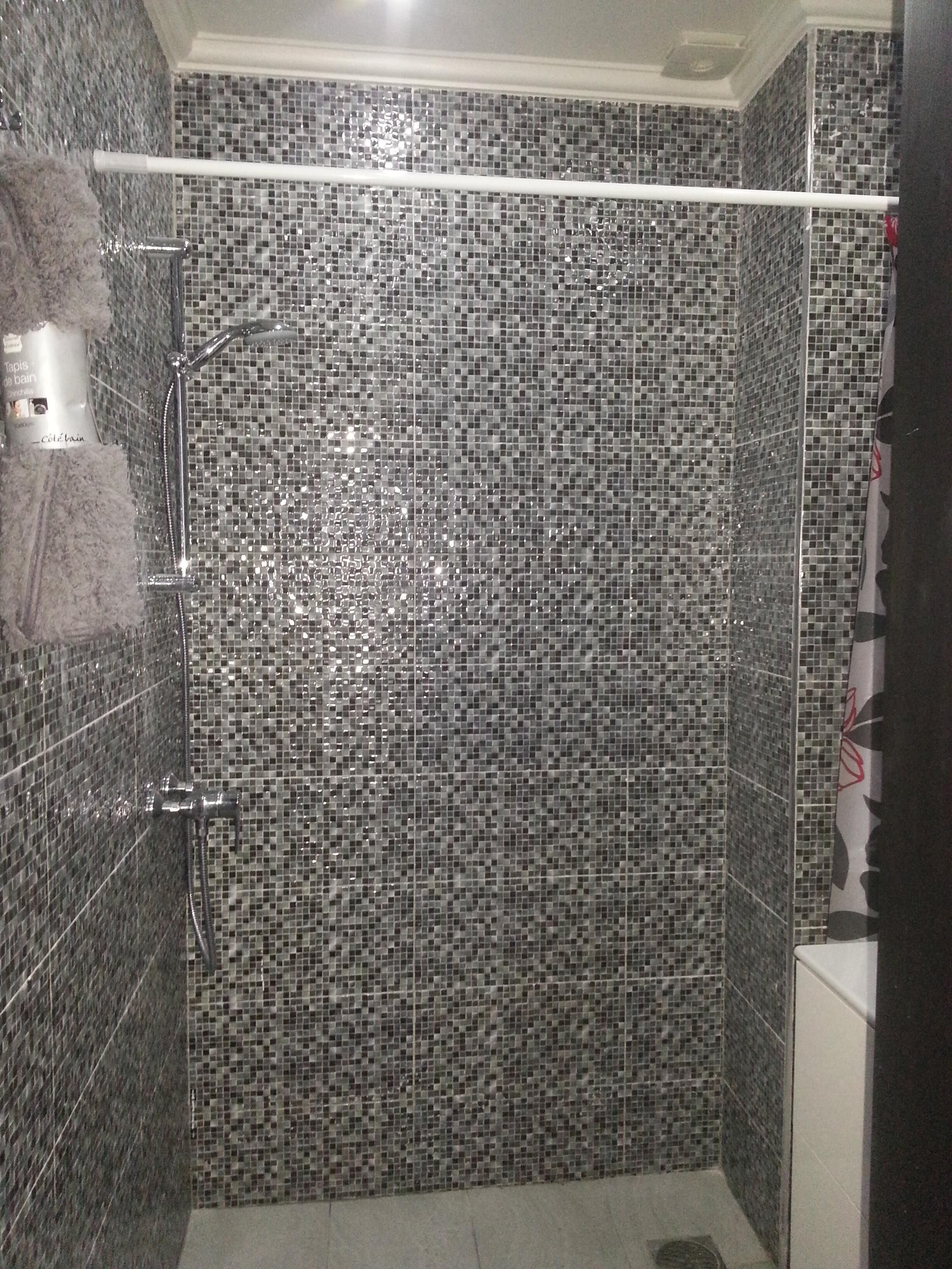Eine Dusche mit Mosaikfliesen, einem Handtuchhalter und einer Duschbrause.