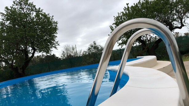 Une piscine avec un escalier et des marches en métal qui descendent dans l’eau, entourée d’arbres.
