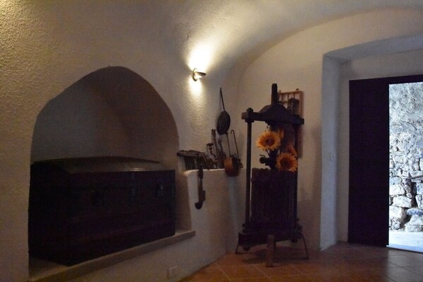 A kitchen with a built-in oven, a wall-mounted rack with kitchen utensils, and a flower vase.
