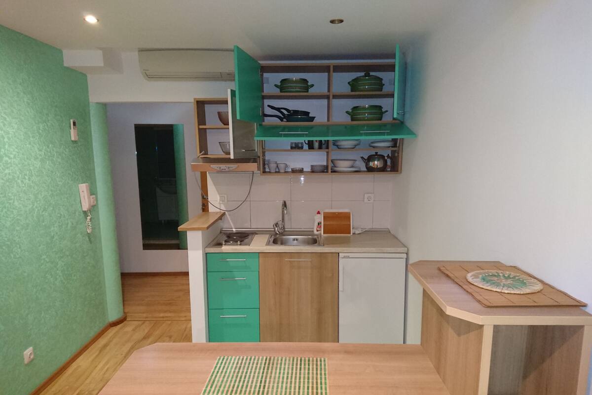 A compact kitchen with a sink, stove, and green cabinets.