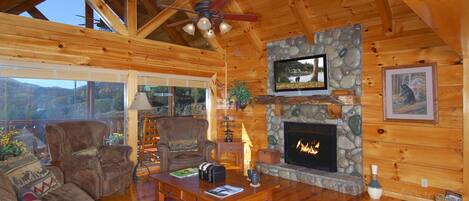 Flat-screen TV, fireplace, DVD player, table football