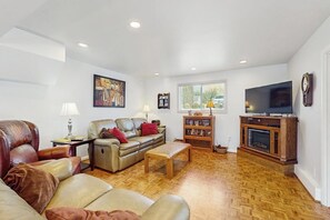 TV, fireplace, DVD player, books