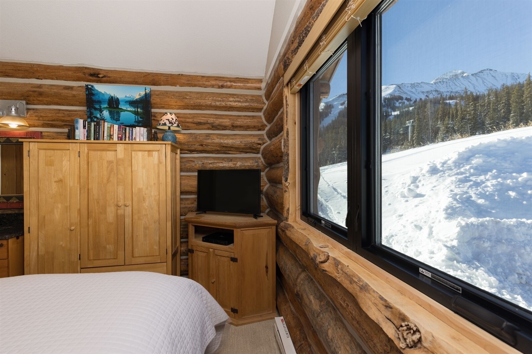 Camera in baita di legno con un letto, un armadio in legno e una televisione. Un'ampia finestra offre vista su un paesaggio montano innevato.