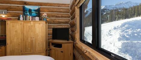 Camera in baita di legno con un letto, un armadio in legno e una televisione. Un'ampia finestra offre vista su un paesaggio montano innevato.