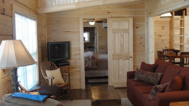 A cozy cabin interior with a wooden interior, a television on a small table, a sofa, and a chair.