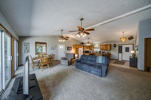 Smart TV, fireplace, video games, DVD player