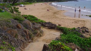 A beach with a sandy shore, some greenery, and a few people. - FULL OCEAN VIEW, 2nd Floor 2 BR/1 BA,  BEST STAND-UP PADDLEBOARDING ON MAUI! (Kihei)
