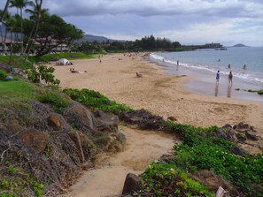 On the beach, sun-loungers, beach towels