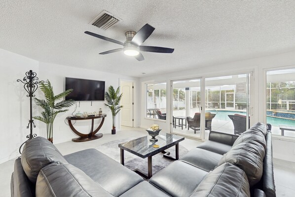 TV, DVD player - Waterfront dog-friendly home with heated private pool, dock, views, and lanai (Anna Maria)
