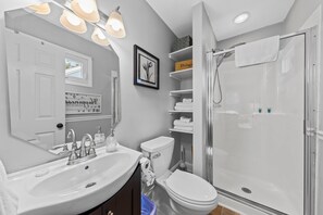 Combined shower/tub, hair dryer, towels