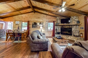 Télévision, cheminée, lecteur de DVD, vidéothèque