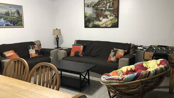 Smart TV, DVD player, books, video library