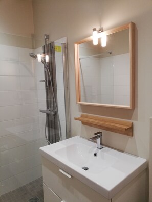 Combined shower/bathtub, hair dryer
