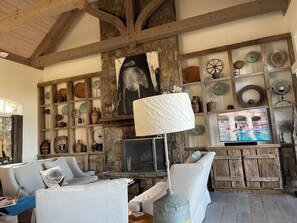 Smart TV, fireplace, books