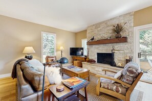 TV, caminetto, lettore DVD, libri