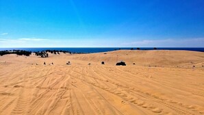 Un vaste paysage sablonneux, parsemé de traces de pneus qui mènent à une côte lointaine.