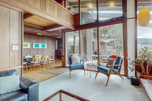 TV, fireplace, books