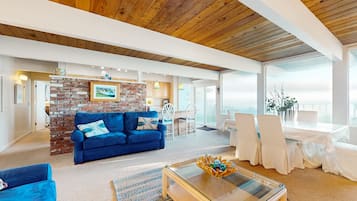 TV, fireplace, books