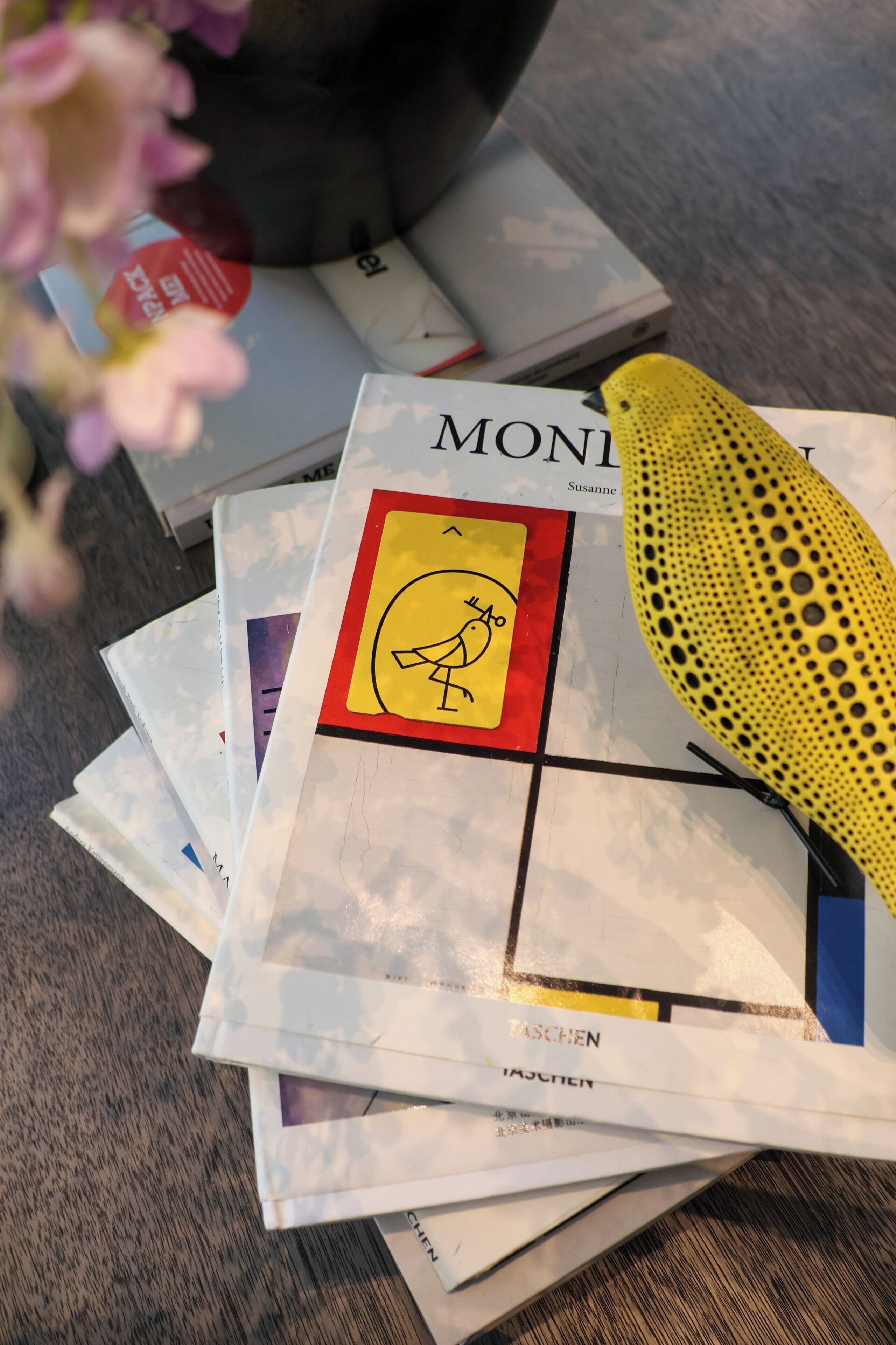 A stack of magazines with a visible title 'MONI' and a yellow object with a perforated surface.