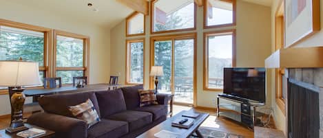 Televisión, chimenea, estéreo