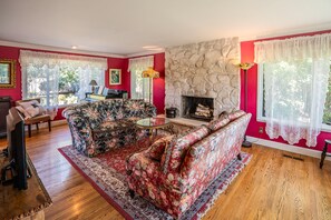 TV, DVD player, books, video library