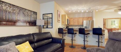 Televisio, takka, DVD-soitin, kirjoja