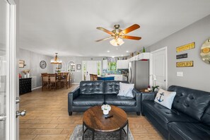 Smart TV, fireplace, DVD player, books