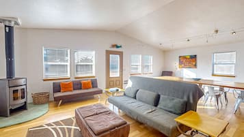 Televisión, chimenea, reproductor de DVD y libros