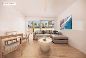 Una sala de estar moderna con un sofá, una mesa de centro y vistas a un área de piscina al aire libre.