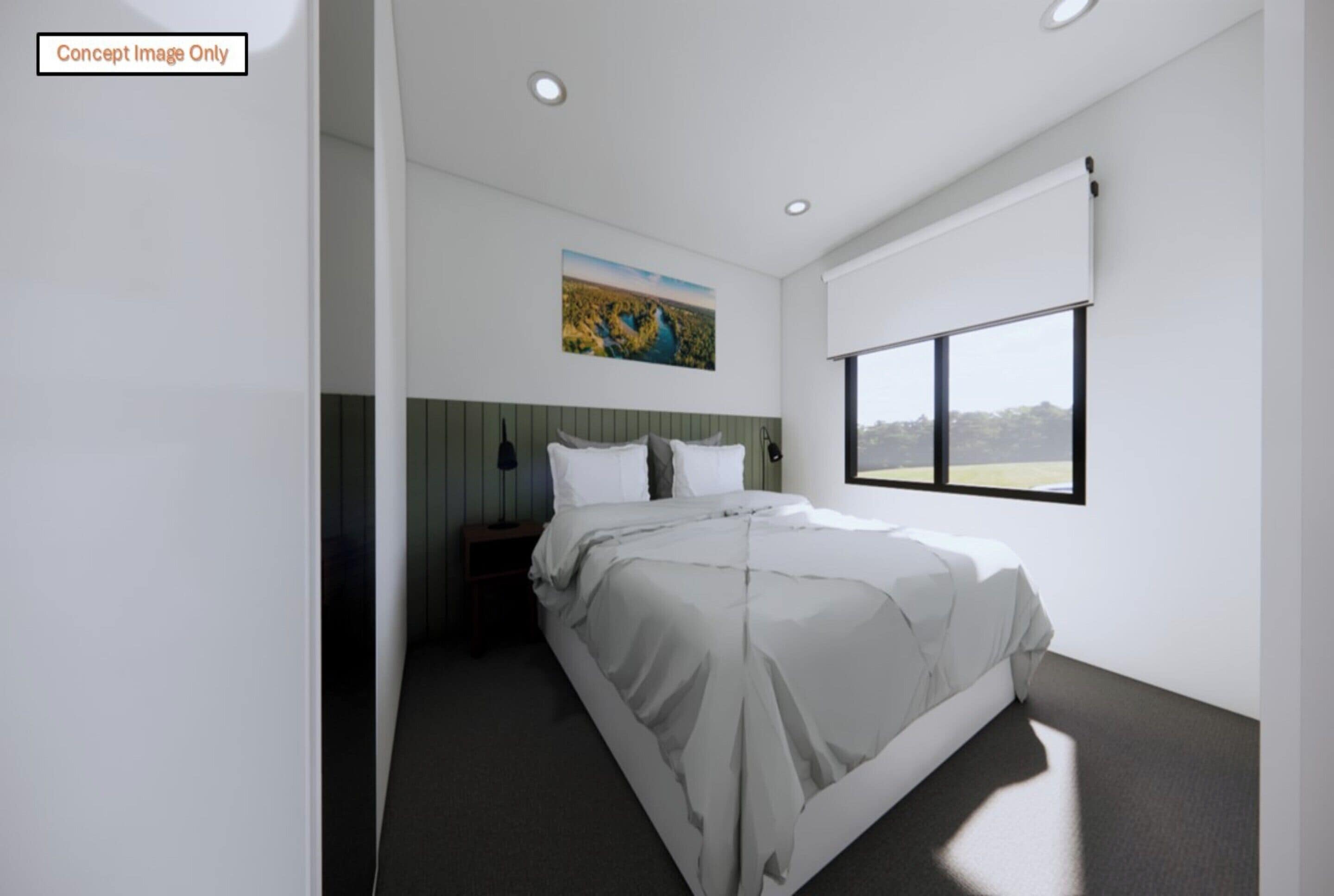 Un dormitorio moderno con cama, mesita de noche, un cuadro en la pared y ventana.